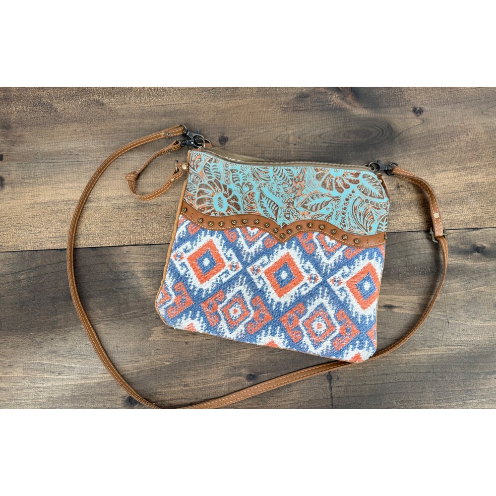 Myra Bag Innsaei Crossbody Geometric Ikat Tooled Leather Studded Small‎ Bag Blue